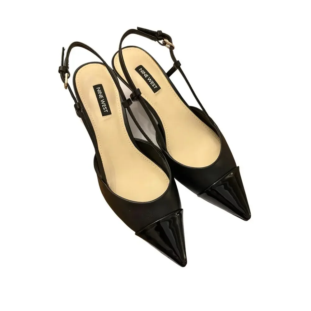 Nine West Women's Black Rizzy Slingback Kitten Faux Leather Heels 7.5 NEW - Picture 3 of 8